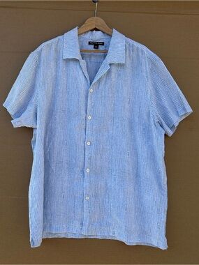 Michael Kors Linen Chambray Camp Shirt Pinstripe Logo XXL Short Sleeve Woven